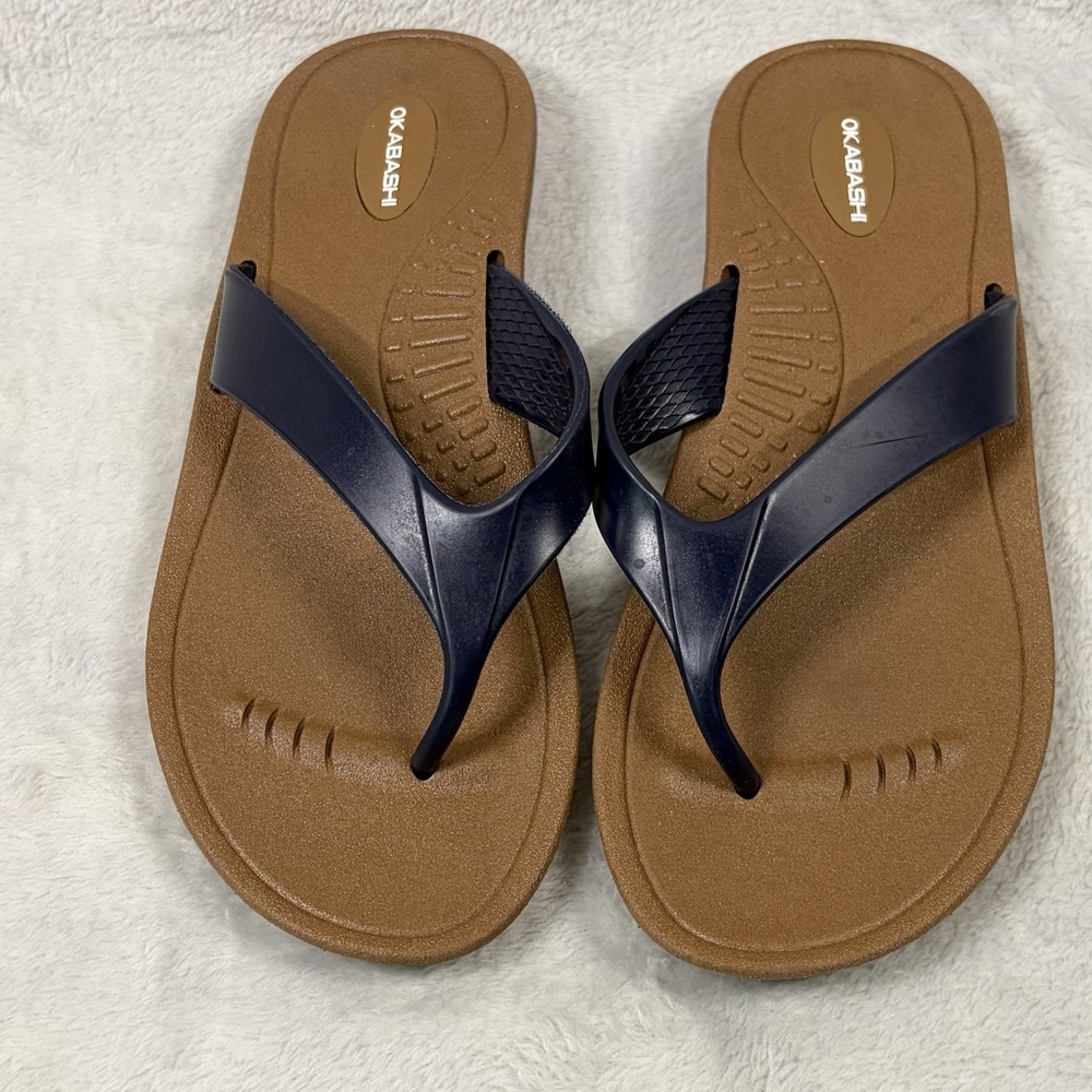 Okabashi Breeze Women's‎ Flip Flops Toffee Navy Arch Support Size ML USA Made